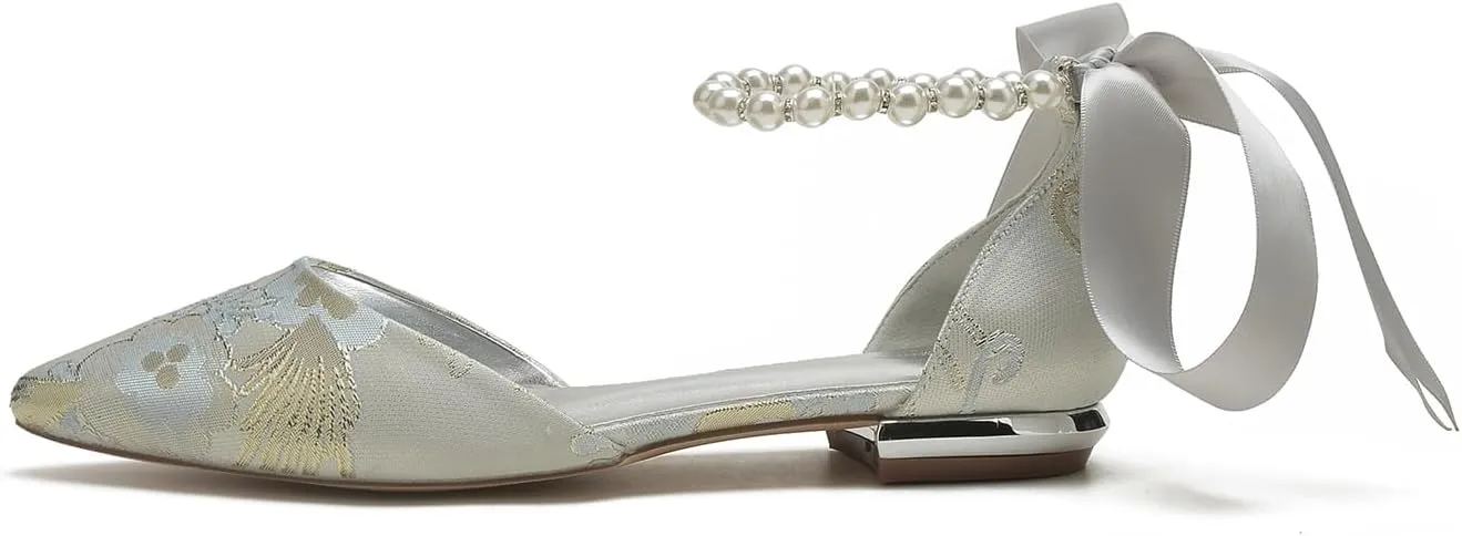Women's Casual Pointed Toe Pumps Flat Wedding Shoes Satin Floral Ballet Comfort Walking Flats Shoes