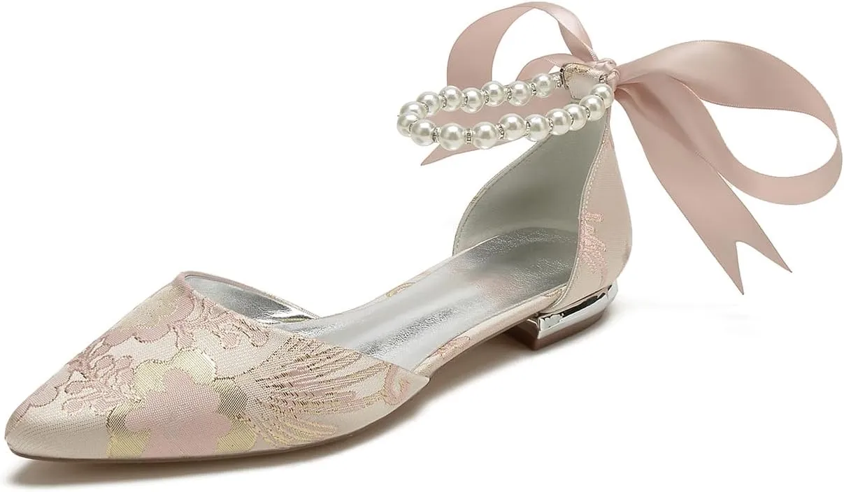 Women's Casual Pointed Toe Pumps Flat Wedding Shoes Satin Floral Ballet Comfort Walking Flats Shoes