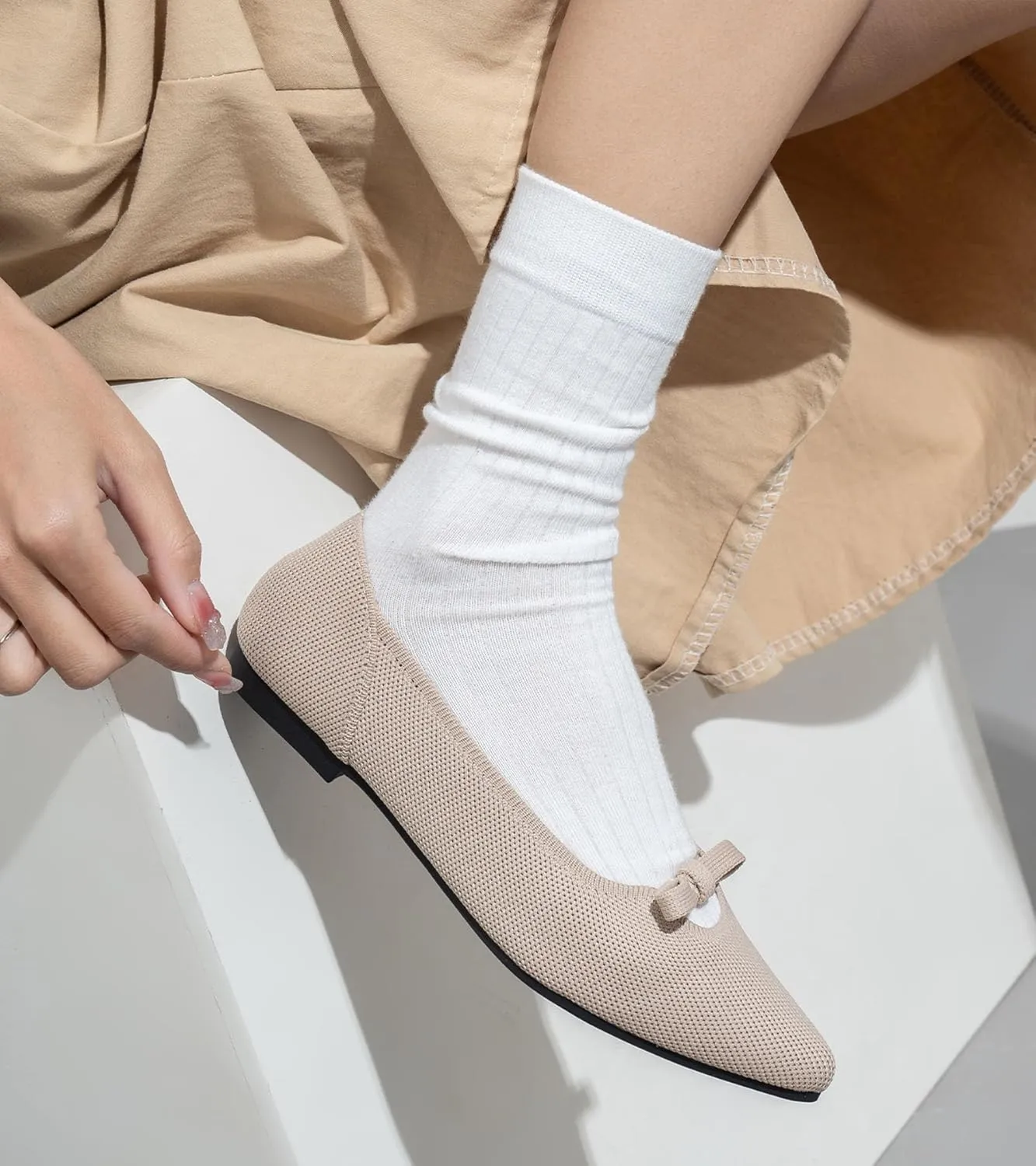 Women's Flats Shoes Comfortable Slip On Shoes Classic Dressy Pointed Toe Bow Knit Ballet Flat