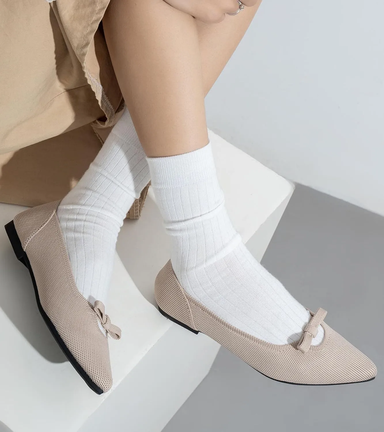 Women's Flats Shoes Comfortable Slip On Shoes Classic Dressy Pointed Toe Bow Knit Ballet Flat