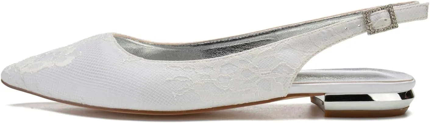 Women's Pointed Lace Slingback Low Heel Bridal Pumps Closed Toe Flats Evening Prom Party Dress Shoes