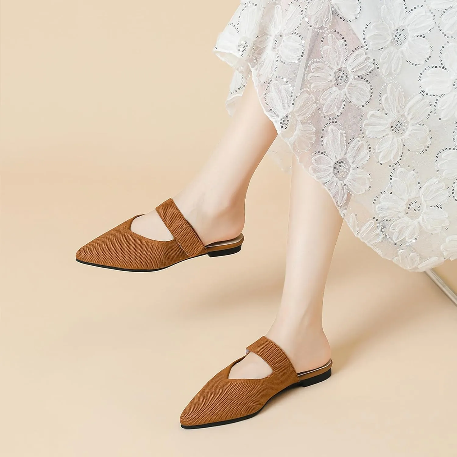 Women's Pointed Toe Flat Mules Adjustable Hook Loop Backless Slip-On Sandals Lightweight Comfort Breathable Knit Mesh Slides for Indoor & Outdoor Daily Wear