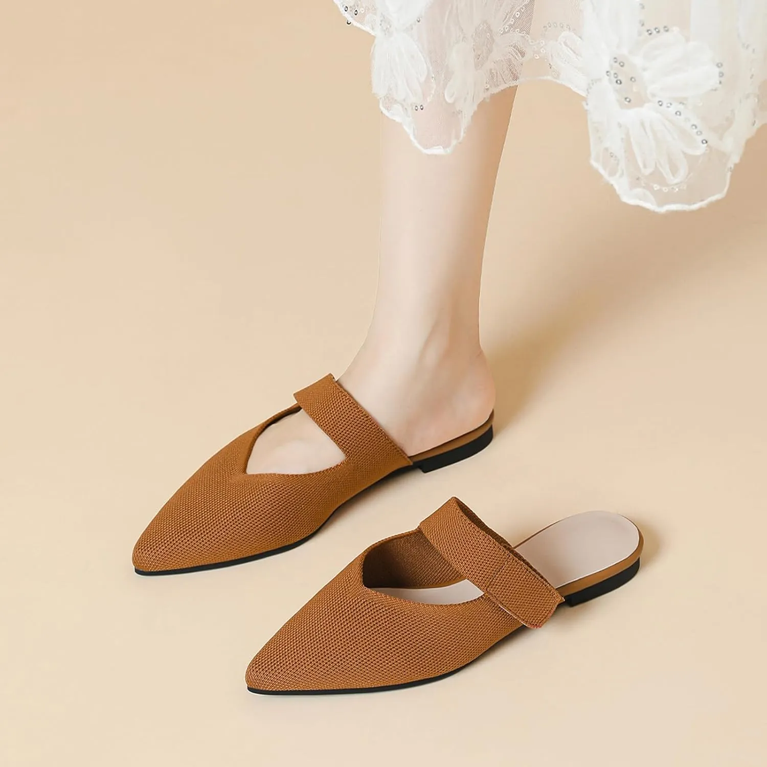 Women's Pointed Toe Flat Mules Adjustable Hook Loop Backless Slip-On Sandals Lightweight Comfort Breathable Knit Mesh Slides for Indoor & Outdoor Daily Wear