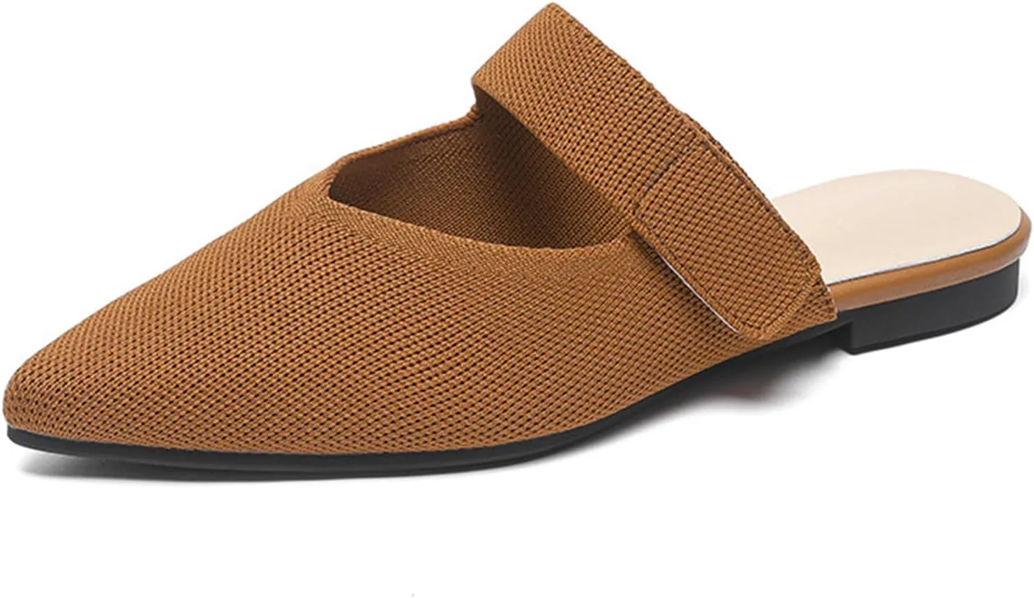 Women's Pointed Toe Flat Mules Adjustable Hook Loop Backless Slip-On Sandals Lightweight Comfort Breathable Knit Mesh Slides for Indoor & Outdoor Daily Wear