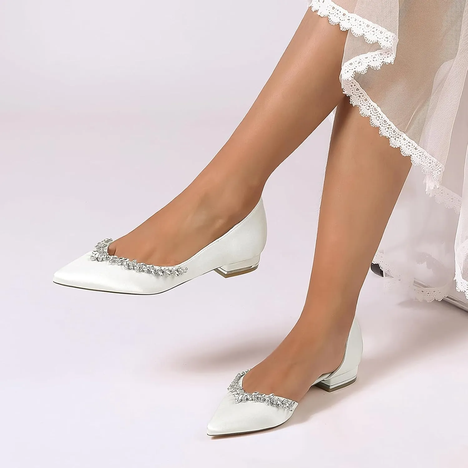 Women's Pointed Toe Satin Wedding Flats for Bride Rhinestones White Bridal Shoes Slip on Prom Party Shoes Pumps
