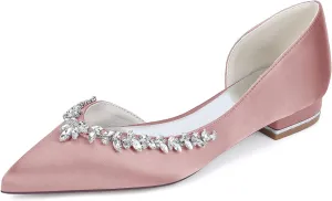 Women's Pointed Toe Satin Wedding Flats for Bride Rhinestones White Bridal Shoes Slip on Prom Party Shoes Pumps