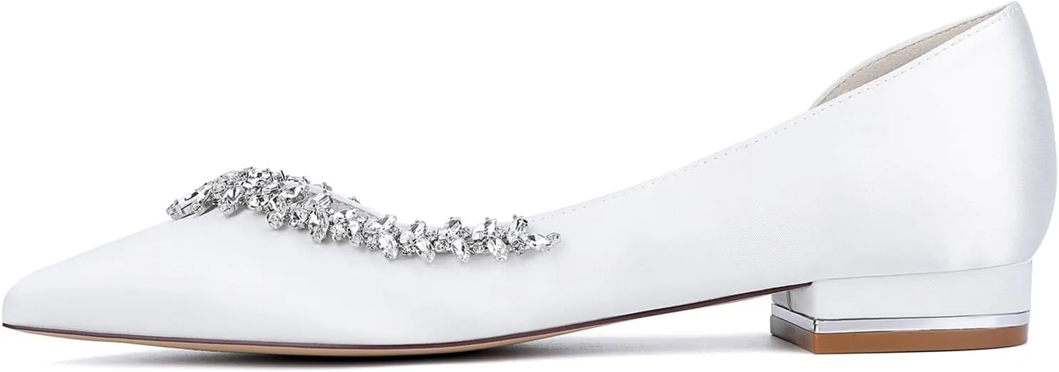 Women's Pointed Toe Satin Wedding Flats for Bride Rhinestones White Bridal Shoes Slip on Prom Party Shoes Pumps