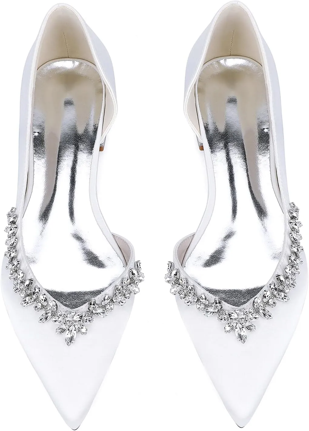 Women's Pointed Toe Satin Wedding Flats for Bride Rhinestones White Bridal Shoes Slip on Prom Party Shoes Pumps