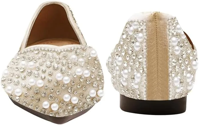 Women's Rhinestone Flats Fashion Pointed Toe Pearl Diamond Low Heel Dress Wedding Flats Work Business Casual Flats Shoes