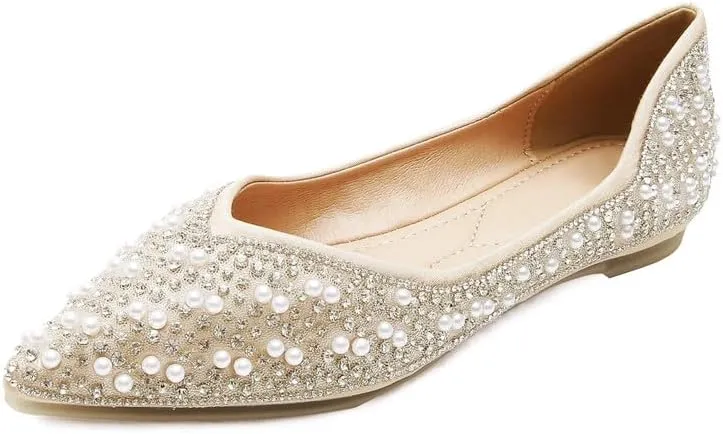 Women's Rhinestone Flats Fashion Pointed Toe Pearl Diamond Low Heel Dress Wedding Flats Work Business Casual Flats Shoes