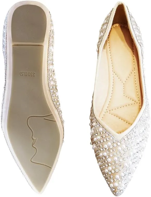 Women's Rhinestone Flats Fashion Pointed Toe Pearl Diamond Low Heel Dress Wedding Flats Work Business Casual Flats Shoes