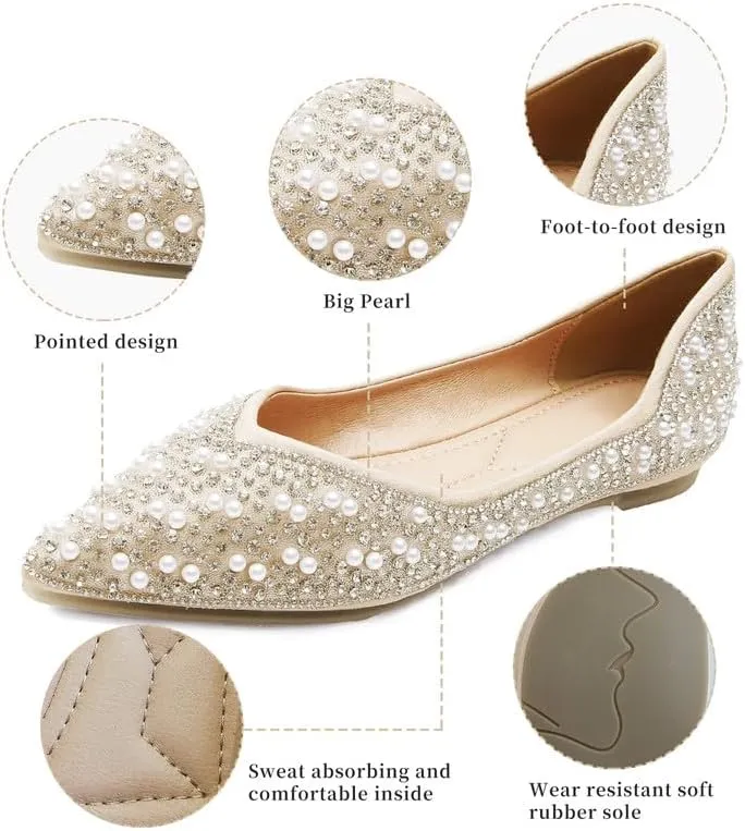 Women's Rhinestone Flats Fashion Pointed Toe Pearl Diamond Low Heel Dress Wedding Flats Work Business Casual Flats Shoes
