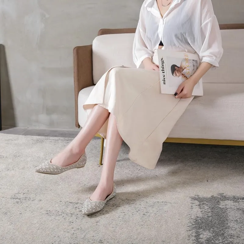 Women's Rhinestone Flats Fashion Pointed Toe Pearl Diamond Low Heel Dress Wedding Flats Work Business Casual Flats Shoes
