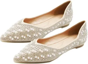 Women's Rhinestone Flats Fashion Pointed Toe Pearl Diamond Low Heel Dress Wedding Flats Work Business Casual Flats Shoes