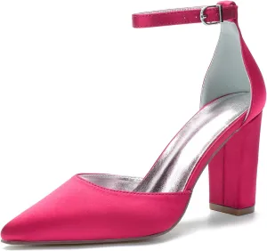 Women's Satin Bridal Shoe 9CM Pointed Toe Block Heel Wedding Sandal Ankle Strap Adjustable Shoes for Bridesmaids Dress Pumps Prom