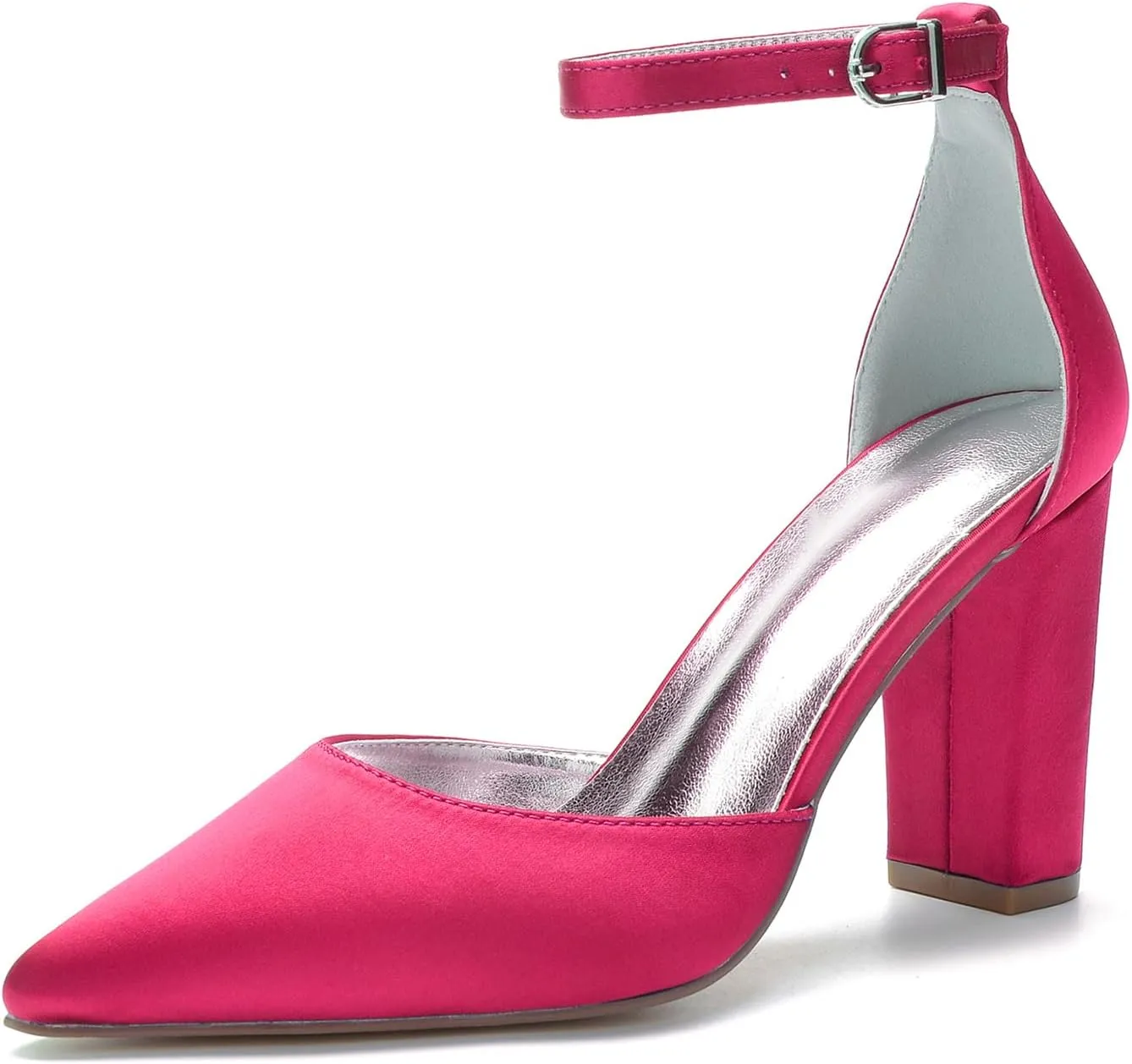 Women's Satin Bridal Shoe 9CM Pointed Toe Block Heel Wedding Sandal Ankle Strap Adjustable Shoes for Bridesmaids Dress Pumps Prom