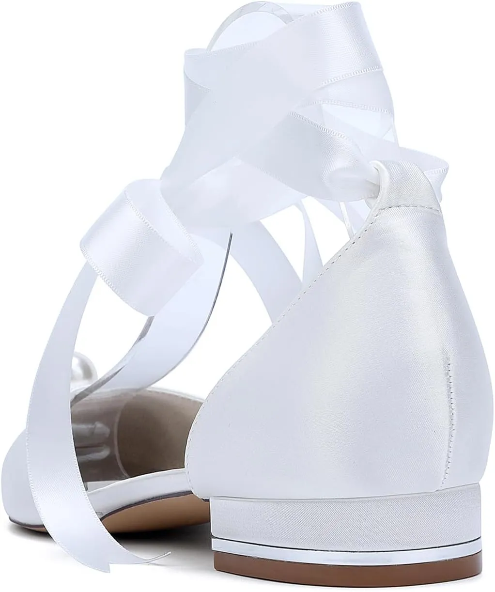 Womens Wedding Flats Pointed Toe Slip on Bridal Shoes Adjustable Ankle Strap Satin Party Dress Casual Sandals Shoes