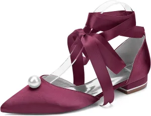 Womens Wedding Flats Pointed Toe Slip on Bridal Shoes Adjustable Ankle Strap Satin Party Dress Casual Sandals Shoes