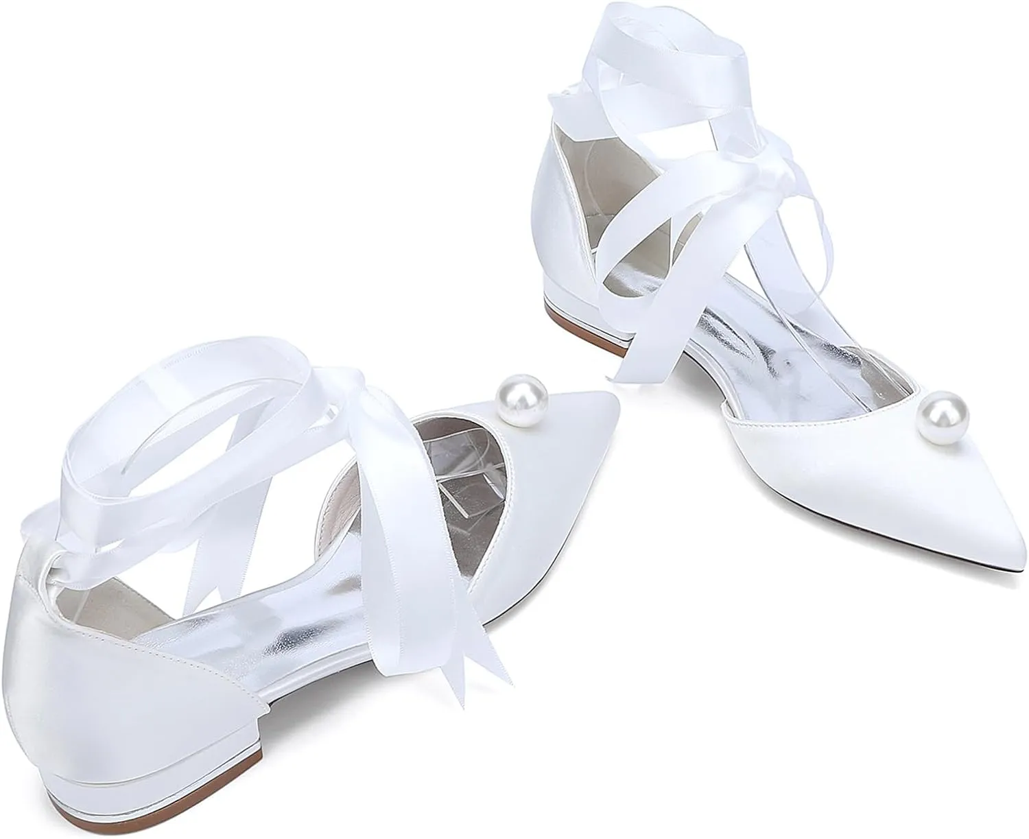 Womens Wedding Flats Pointed Toe Slip on Bridal Shoes Adjustable Ankle Strap Satin Party Dress Casual Sandals Shoes