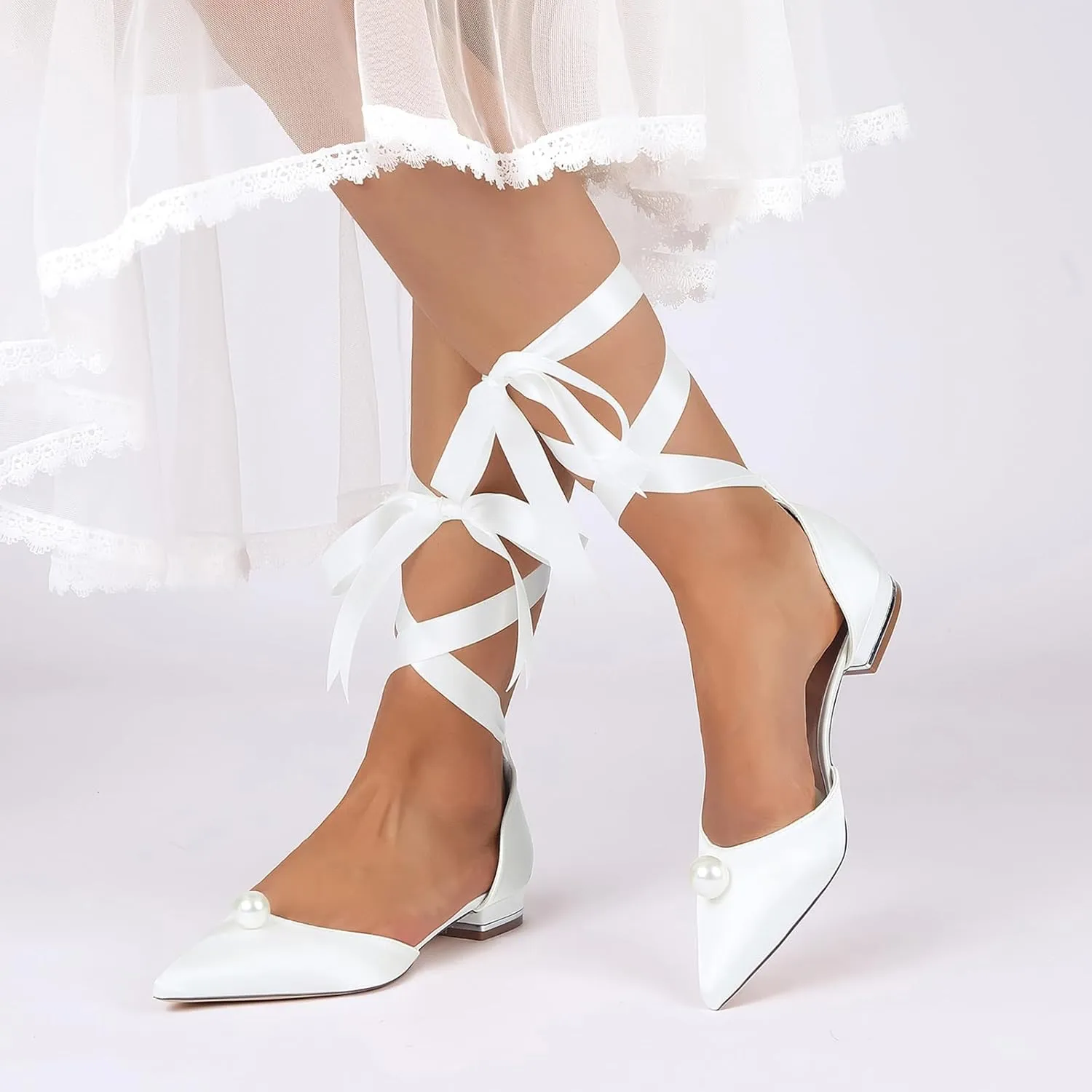 Womens Wedding Flats Pointed Toe Slip on Bridal Shoes Adjustable Ankle Strap Satin Party Dress Casual Sandals Shoes