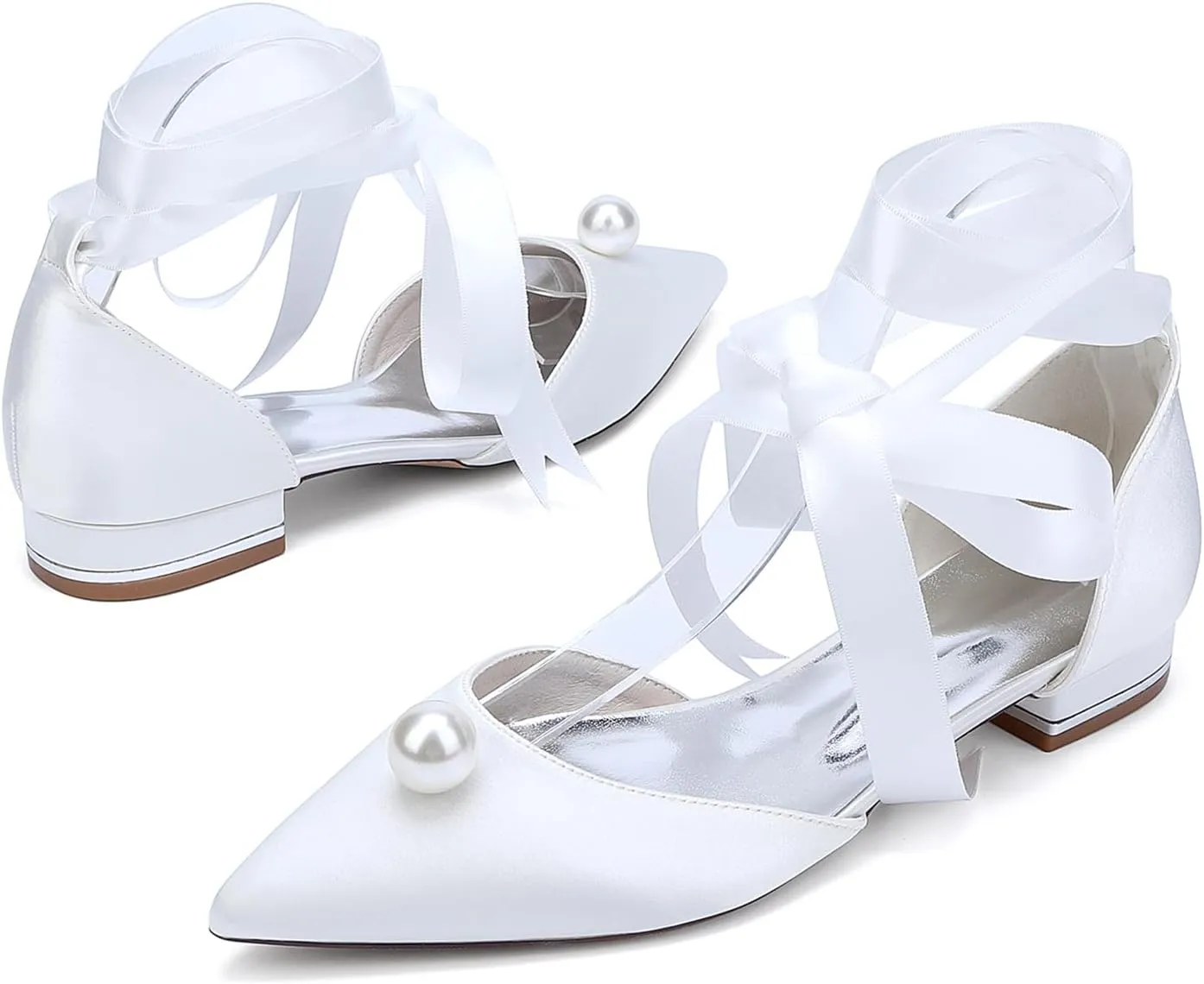 Womens Wedding Flats Pointed Toe Slip on Bridal Shoes Adjustable Ankle Strap Satin Party Dress Casual Sandals Shoes