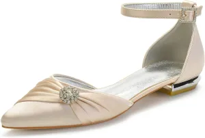 Women's Wedding Shoes for Bride Flats Pointed Toe Satin Bridal Flat Crystals Ankle Strap Dress Shoes Formal Prom Party Pumps