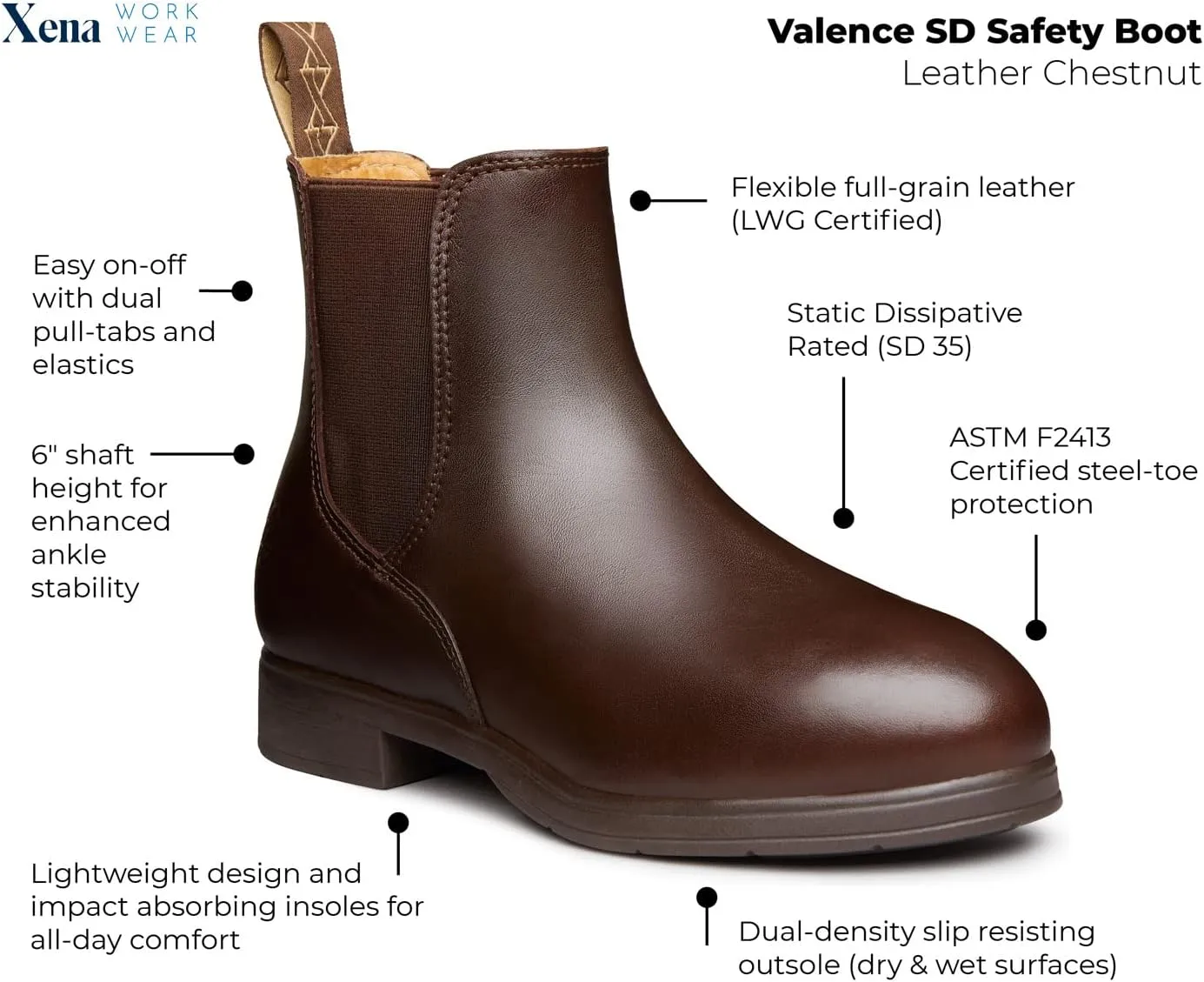 Xena Workwear Women's Valence SD Safety Boot, Leather Chestnut, Steel Toe