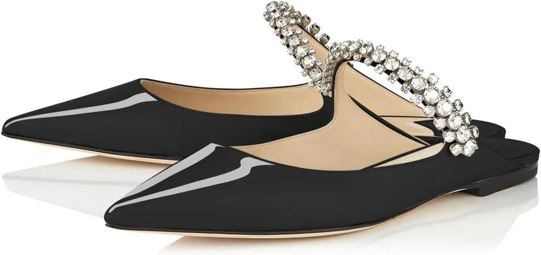 XINIUNIU Women Heeled Mules Patent Leather Strapped Mules Pointed Toe Slip On Sandals for Women Rhinestones Bridal Dress Shoes