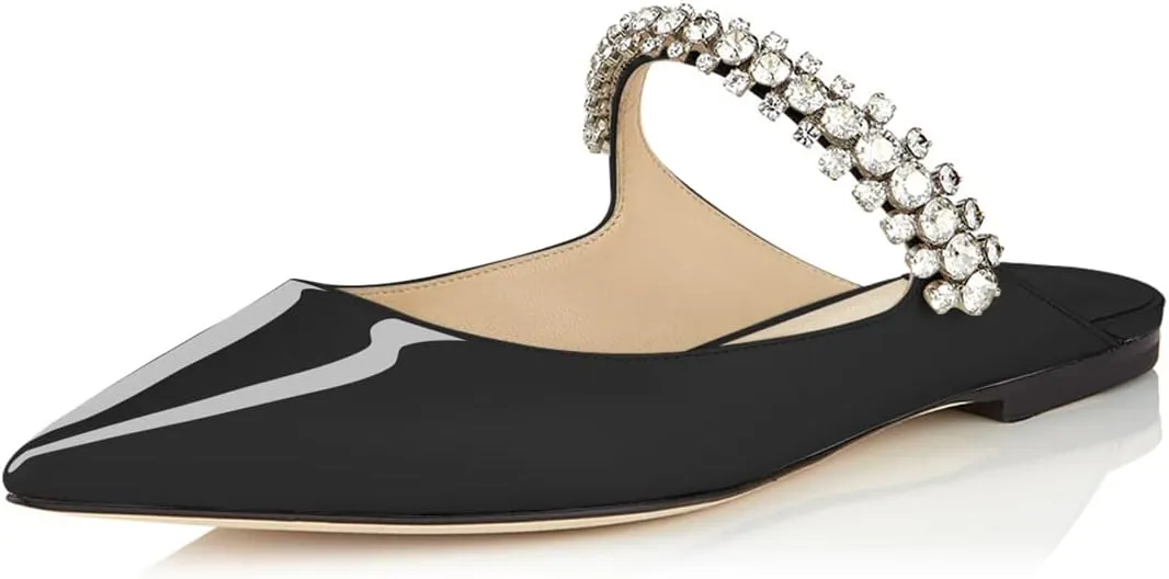 XINIUNIU Women Heeled Mules Patent Leather Strapped Mules Pointed Toe Slip On Sandals for Women Rhinestones Bridal Dress Shoes