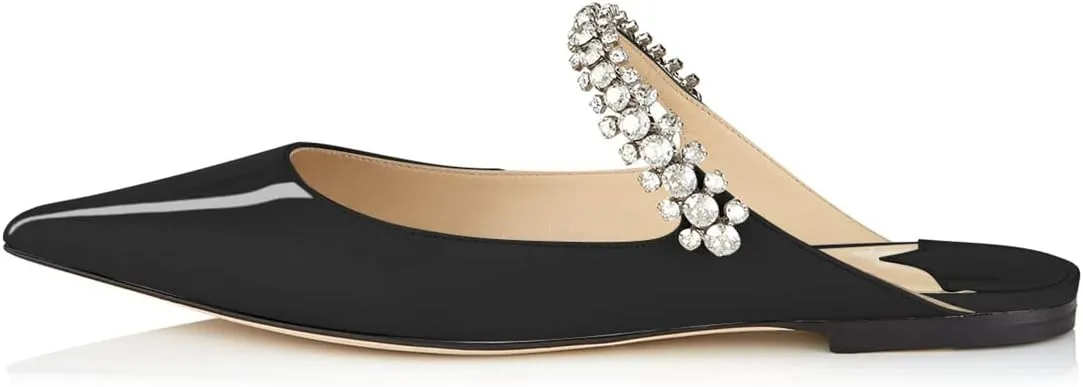 XINIUNIU Women Heeled Mules Patent Leather Strapped Mules Pointed Toe Slip On Sandals for Women Rhinestones Bridal Dress Shoes
