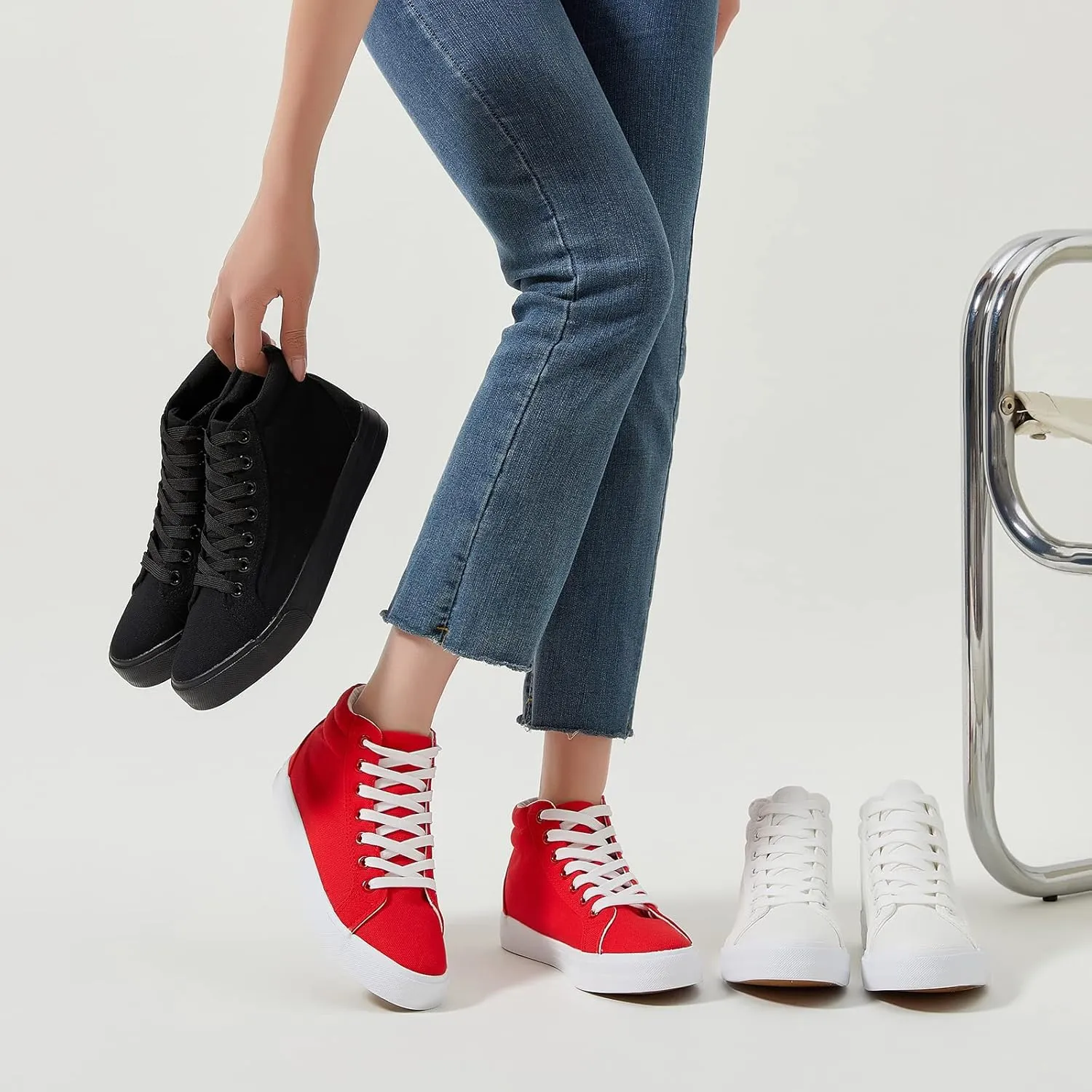 XRH Women Black Canvas High Tops Sneaker for Walking,White Non Slip Hi Top Lace up Shoes,Casual Fashion Mid Top Sneaker(Comfortable,Breathable,Trendy)