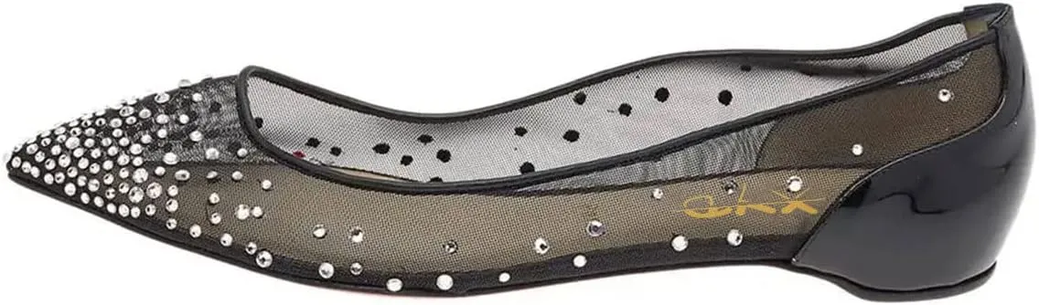 XYD Women Rhinestones Studded Ballet Flats Mesh Rivets Hidden Heels Slip On Pointed Toe Evening Dressy Shoes