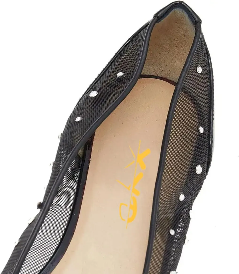 XYD Women Rhinestones Studded Ballet Flats Mesh Rivets Hidden Heels Slip On Pointed Toe Evening Dressy Shoes