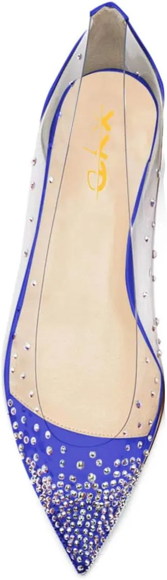 XYD Women Rhinestones Studded Ballet Flats Mesh Rivets Hidden Heels Slip On Pointed Toe Evening Dressy Shoes