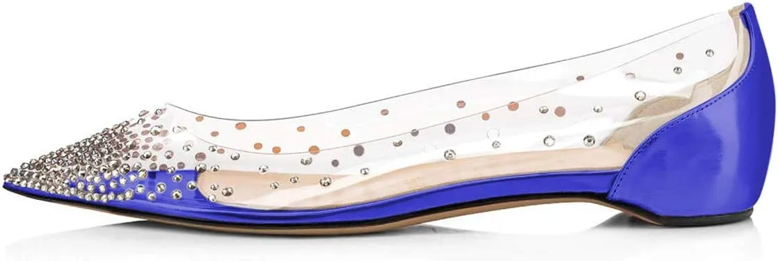 XYD Women Rhinestones Studded Ballet Flats Mesh Rivets Hidden Heels Slip On Pointed Toe Evening Dressy Shoes