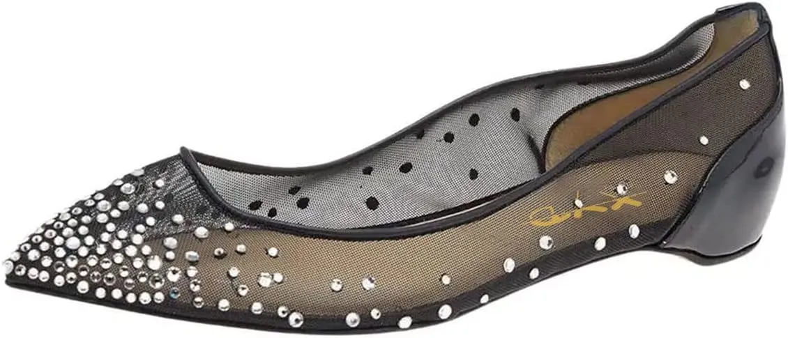 XYD Women Rhinestones Studded Ballet Flats Mesh Rivets Hidden Heels Slip On Pointed Toe Evening Dressy Shoes
