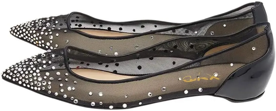 XYD Women Rhinestones Studded Ballet Flats Mesh Rivets Hidden Heels Slip On Pointed Toe Evening Dressy Shoes