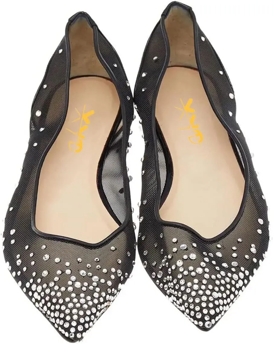 XYD Women Rhinestones Studded Ballet Flats Mesh Rivets Hidden Heels Slip On Pointed Toe Evening Dressy Shoes