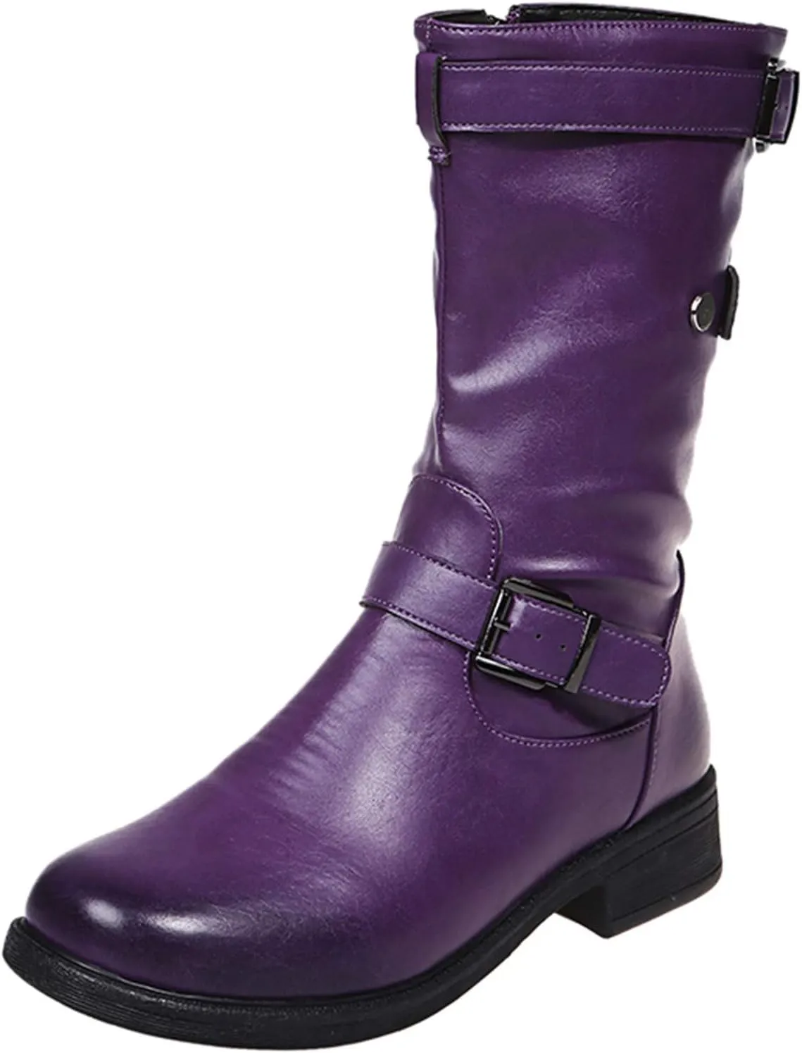 ZBYY Womens Mid Calf Boots Winter Round Toe Flat Low Block Heel Buckle Strap Faux Leather Zipper Riding Booties