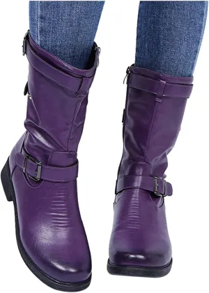 ZBYY Womens Mid Calf Boots Winter Round Toe Flat Low Block Heel Buckle Strap Faux Leather Zipper Riding Booties