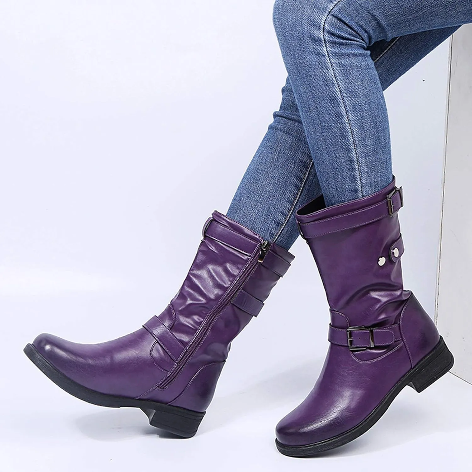 ZBYY Womens Mid Calf Boots Winter Round Toe Flat Low Block Heel Buckle Strap Faux Leather Zipper Riding Booties
