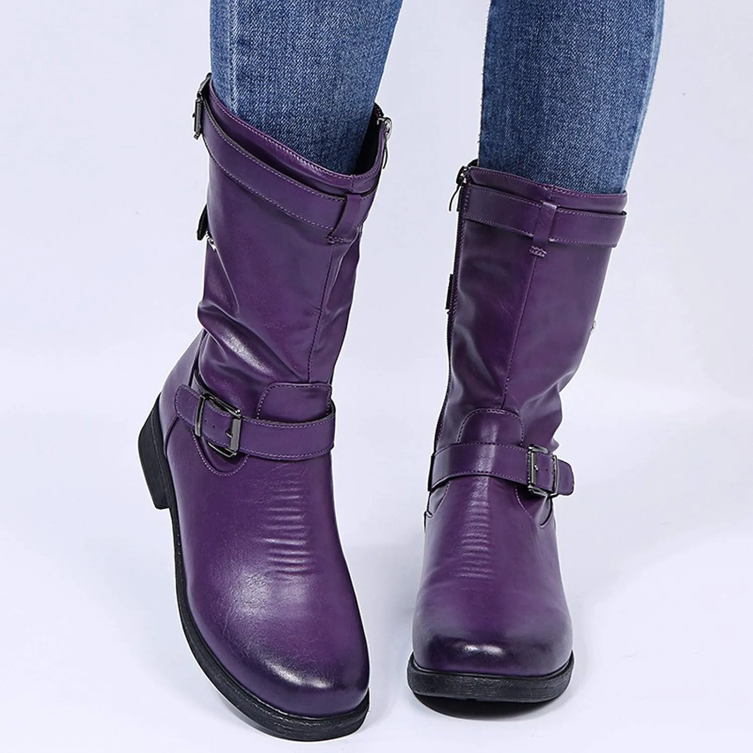 ZBYY Womens Mid Calf Boots Winter Round Toe Flat Low Block Heel Buckle Strap Faux Leather Zipper Riding Booties